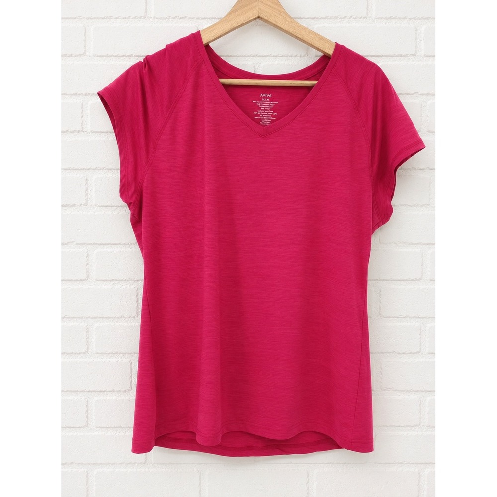 Aviva V-Neck Activewear Top Women XL Pink Short Sleeve Spandex Blend‎